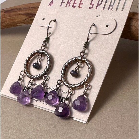 Peyote Bird Boho Gypsy Hoop Earrings Amethyst & Pearl Drops Sterling Silver NWT - Picture 4 of 12